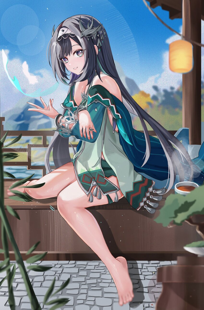 1girl absurdres bare_legs bare_shoulders barefoot black_hair blue_sky blur_censor bracelet censored cloud dress feathers fingernails genshin_impact green_dress grey_hair hair_ornament hairband highres horizon jewelry lan_yan_(genshin_impact) lens_flare heavy_lens_flare long_hair looking_at_viewer multicolored_hair parted_lips purple_eyes ring sitting sky smile solo white_feathers y_osu