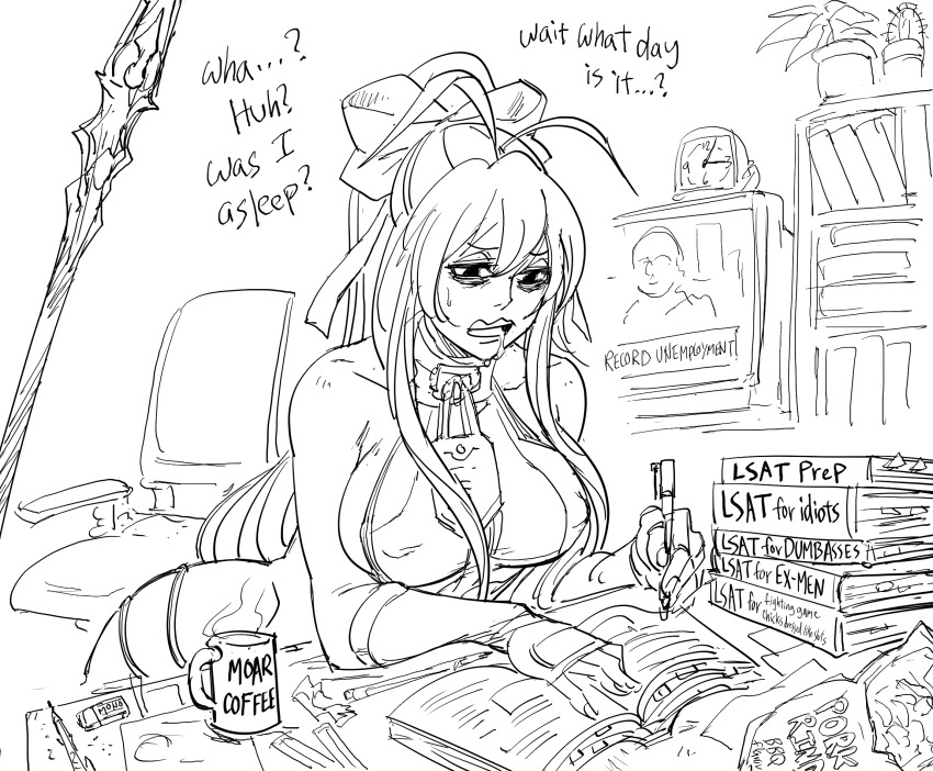 1girl antenna_hair bad_id bags_under_eyes bare_shoulders bb_(baalbuddy) blazblue book book_stack bookshelf bow breasts cactus chair clock coffee_mug commentary cup d: drooling english_commentary english_text eraser genderswap genderswap_(mtf) gloves greyscale hair_bow highres holding holding_pen inactive_account large_breasts lock mai_natsume monochrome mug office_chair open_mouth outseal padlock pen pencil plant polearm ponytail potted_plant saliva simple_background solo spear studying swivel_chair television weapon white_background writing