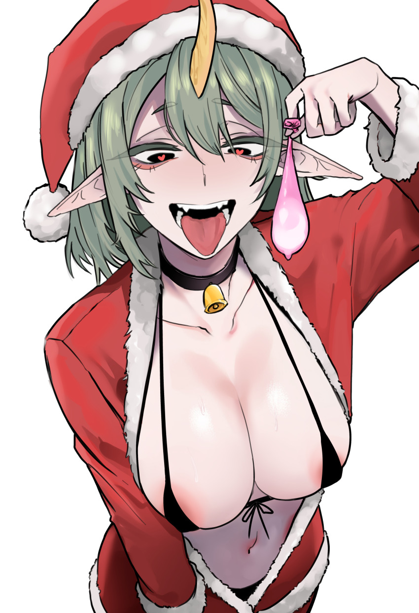 1girl :p absurdres alternate_costume bikini black_bikini breasts cleavage condom cowboy_shot cum fangs green_hair hair_between_eyes hat heart heart-shaped_pupils highres holding holding_condom horns large_breasts league_of_legends navel pointy_ears red_hat santa_hat simple_background single_horn smile soraka_(league_of_legends) star_guardian_(league_of_legends) star_guardian_soraka swimsuit symbol-shaped_pupils teeth tongue tongue_out used_condom yulisae
