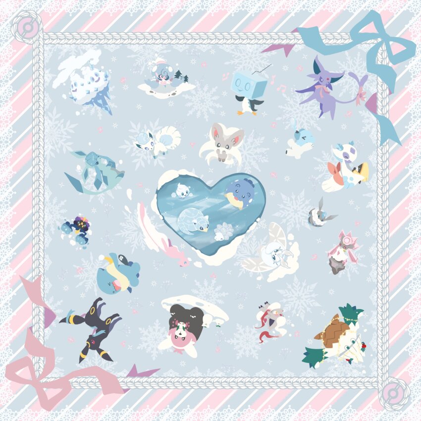 &gt;_&lt; alolan_form alolan_sandshrew alolan_vulpix bewear black_eyes bright_pupils carbink cinccino closed_eyes commentary_request cosmog cubchoo diancie eiscue eiscue_(ice) espeon forehead_jewel froslass frosmoth game_freak gen_2_pokemon gen_3_pokemon gen_4_pokemon gen_5_pokemon gen_6_pokemon gen_7_pokemon gen_8_pokemon glaceon hattrem heart highres hisuian_zorua holding holding_pokemon legendary_pokemon musical_note mythical_pokemon nintendo open_mouth pokemon pokemon_(creature) purple_eyes ribbon sapphire_ethu smile snom snorunt snover snow snowflakes spheal umbreon vanillite vanilluxe white_pupils wobbuffet
