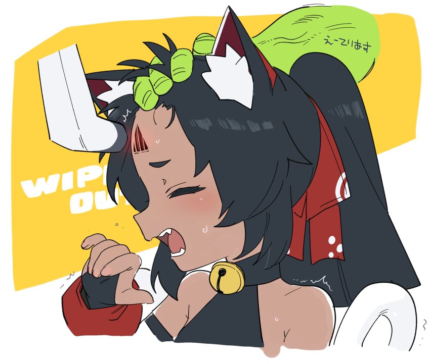 1girl 1other animal_ears barcode barcode_scanner barcode_tattoo bare_shoulders bell black_hair blush cat_ears cat_girl closed_eyes dark-skinned_female dark_skin detached_sleeves facial_tattoo fangs hair_ribbon hand_on_another&#039;s_head highres neck_bell nekomiya_mana open_mouth ponytail red_ribbon ribbon shiromanta solo_focus sweat tattoo translation_request upper_body zenless_zone_zero