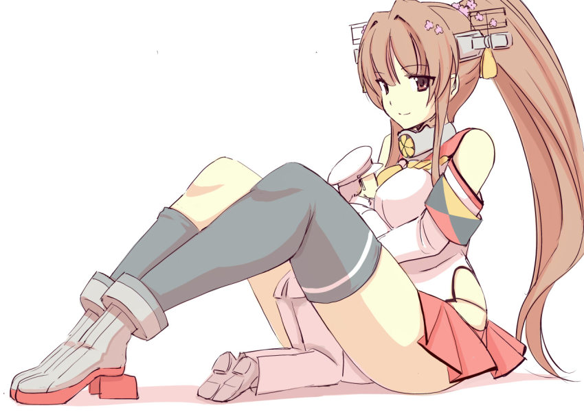 10s 1boy 1girl admiral_(kancolle) bare_shoulders between_breasts between_legs black_thighhighs breasts brown_eyes brown_hair detached_sleeves face_between_breasts full_body giant giantess hair_intakes hat head_between_breasts headgear hip_vent jacket kantai_collection large_breasts long_hair looking_at_another pants pleated_skirt ponytail red_skirt rudder_footwear seo_tatsuya short_hair simple_background single_thighhigh size_difference skirt socks thighhighs very_long_hair white_background white_hat white_jacket white_pants yamato_(kancolle) z-flag