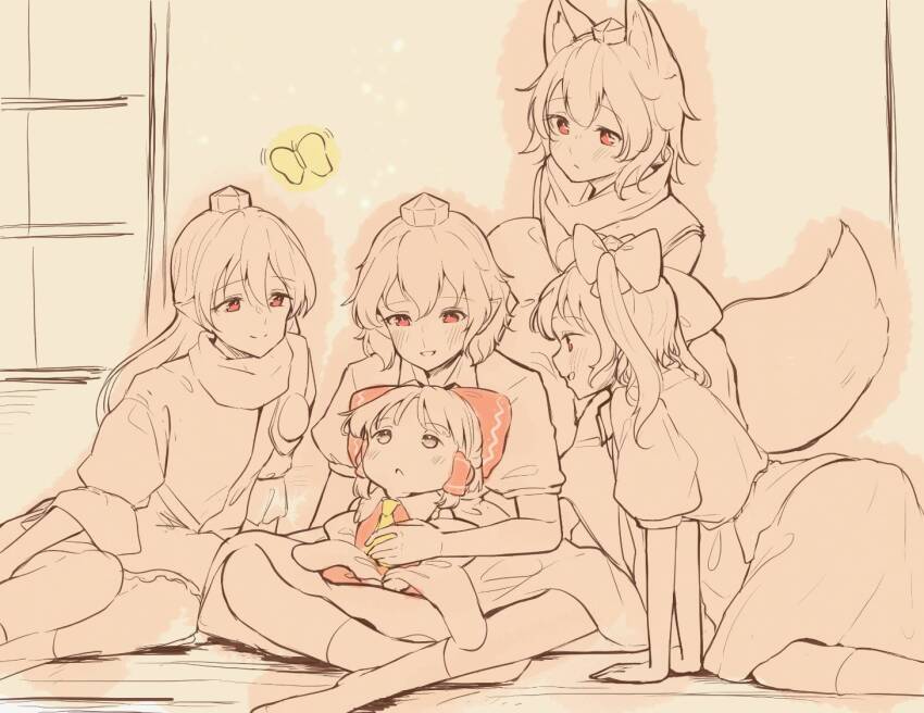 5girls aged_down all_fours animal_ear_fluff animal_ears ascot bow brown_theme bug butterfly child closed_mouth commentary detached_sleeves double-parted_bangs feet_out_of_frame frilled_skirt frills gem grey_eyes hair_between_eyes hair_tubes hakurei_reimu hat himekaidou_hatate holding_to_chest iizunamaru_megumu indian_style indoors insect inubashiri_momiji kneeling leaning_forward light_blush light_frown lineart long_hair looking_up monochrome multiple_girls on_floor open_mouth parted_bangs pointy_ears pom_pom_(clothes) puffy_short_sleeves puffy_sleeves red_bow red_eyes red_vest seele_(chanseele0128) shameimaru_aya shirt short_hair short_sleeves shoulder_guard simple_background sitting sitting_on_lap sitting_on_person skirt smile socks split_mouth spot_color standing tail thighhighs tokin_hat touhou two_side_up vest white_trim window wolf_ears wolf_girl wolf_tail yellow_ascot yokozuwari