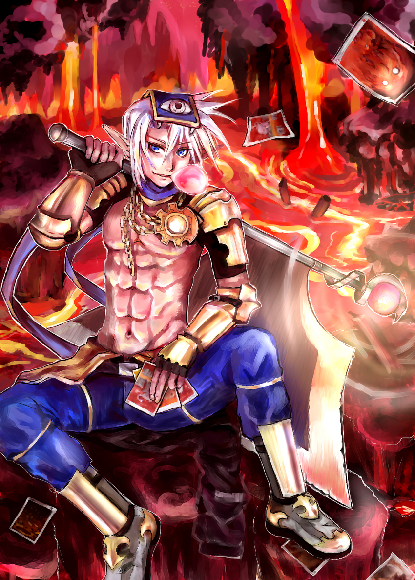 1boy abs armor axe black_gloves blowing_bubble_gum blue_eyes blue_pants book book_on_lap card cave_interior chain chain_necklace chewing_gum commentary_request elbow_gloves fingerless_gloves full_body gloves grin highres holding holding_axe jewelry lava looking_at_viewer male_focus mechanic_(ragnarok_online) muscular muscular_male navel necklace pants pauldrons pointy_ears ragnarok_online rideword_(ragnarok_online) short_hair shoulder_armor shrug_(clothing) sitting smile solo vambraces yukimushi