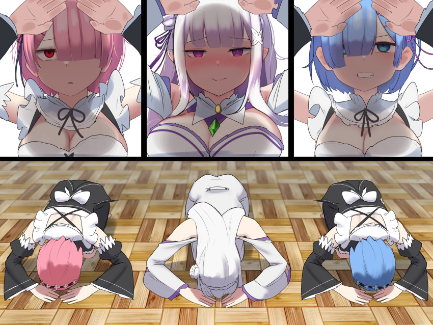3girls akaoni_(zumt3548) angry bare_shoulders blue_eyes blue_hair blush braid breasts cleavage clenched_teeth comic commission crown_braid defeat detached_sleeves dogeza elf emilia_(re:zero) flower hair_flower hair_ornament hair_over_one_eye hair_ribbon highres large_breasts long_hair looking_at_viewer maid maid_headdress medium_breasts multiple_girls multiple_views pink_hair pink_ribbon pixiv_commission pointy_ears prostration purple_eyes purple_ribbon ram_(re:zero) re:zero_kara_hajimeru_isekai_seikatsu red_eyes rem_(re:zero) ribbon roswaal_mansion_maid_uniform short_hair siblings silent_comic sisters teeth twins white_flower white_hair x_hair_ornament