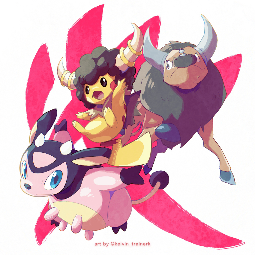 blue_eyes bouffalant bouffalant_(cosplay) brown_eyes chinese_zodiac closed_mouth commentary cosplay english_commentary gen_1_pokemon gen_2_pokemon gen_5_pokemon highres kelvin-trainerk looking_back miltank nintendo no_humans open_mouth pikachu pokemon pokemon_(creature) smile tauros tongue twitter_username year_of_the_ox