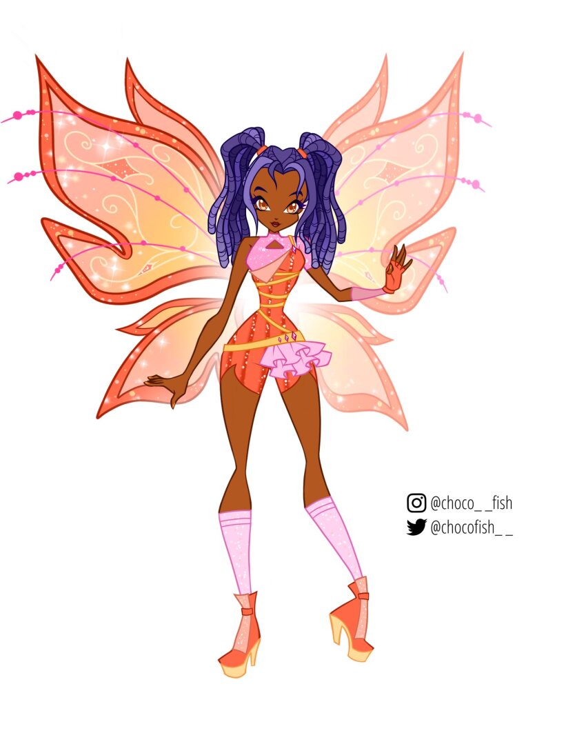1girl arm_warmers bad_id bad_twitter_id believix belt blue_hair boots chocofish cleavage_cutout closed_mouth clothing_cutout commentary cornrows dark-skinned_female dark_skin english_commentary eyelashes fairy fingerless_gloves forehead full_body glitter gloves hair_tie halter_shirt halterneck happy high_heel_boots high_heels highres instagram_username kneehighs leotard lipstick long_hair magical_girl makeup nail_polish orange_boots orange_eyes orange_gloves orange_leotard orange_wings oversized_wings pink_arm_warmers pink_nails pink_shirt pink_socks red_lips shirt short_sleeves simple_background single_arm_warmer single_bare_arm single_bare_shoulder single_fingerless_glove single_sleeve smile socks solo striped_clothes striped_leotard studded_belt taranee_cook transparent_wings triangle_cutout twintails twitter_username vertical-striped_clothes vertical-striped_leotard very_dark_skin w.i.t.c.h. watermark white_background wings winx_club yellow_belt