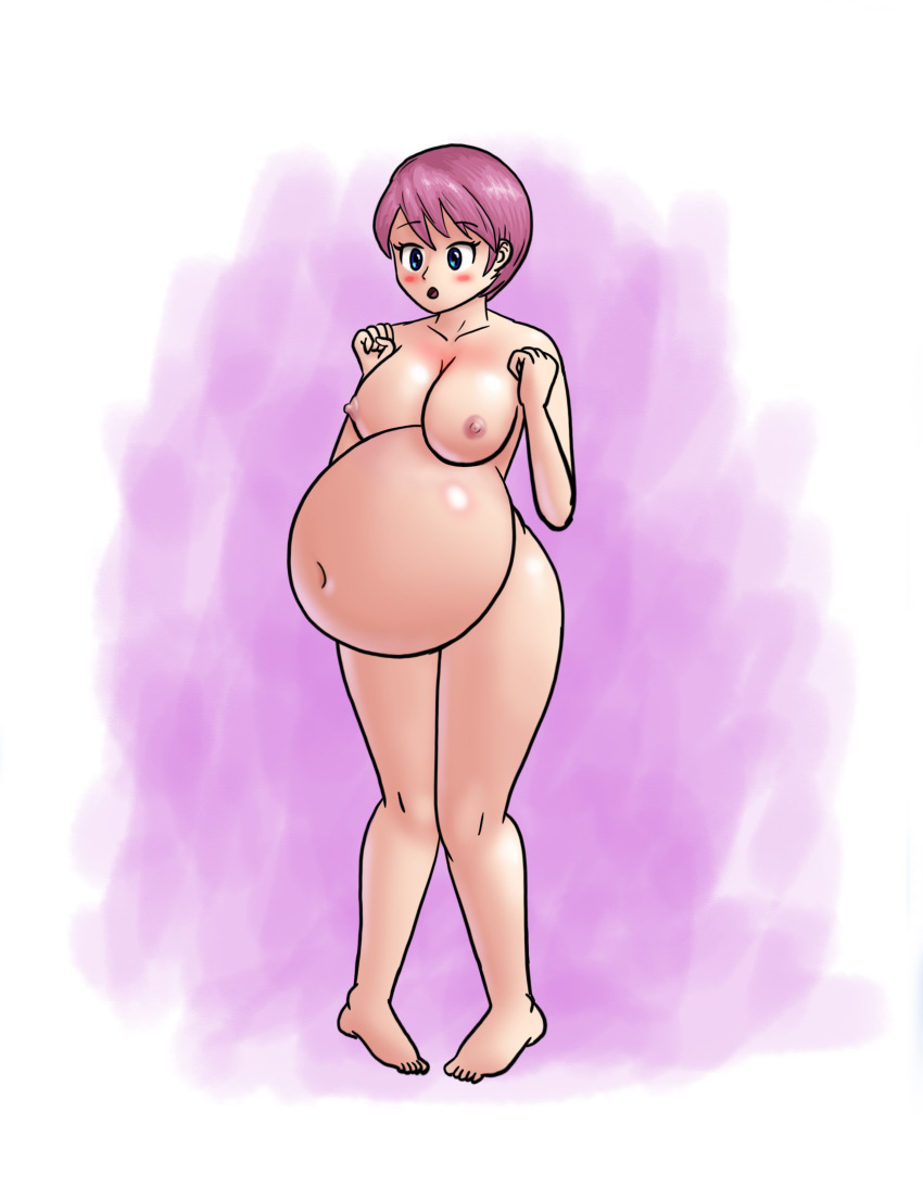 1girl absurdres arms_under_breasts barefoot belly_stuffing blue_eyes blue_shorts breasts completely_nude female_focus full_body highres humanization inflation kirby kirby_(series) large_breasts nintendo nude pink_hair saf-404 short_hair shorts solo_focus thick_thighs thighs white_background worried