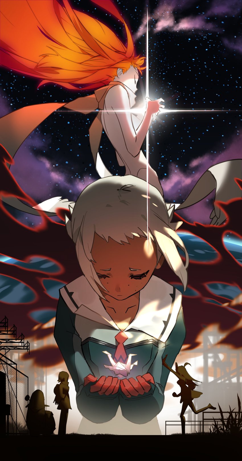 2girls absurdres dark-skinned_female dark_skin highres lal&#039;c_mellk_mal multiple_girls nono_(top_wo_nerae_2!) origami sky space star_(sky) starry_sky top_wo_nerae!_(series) top_wo_nerae_2!