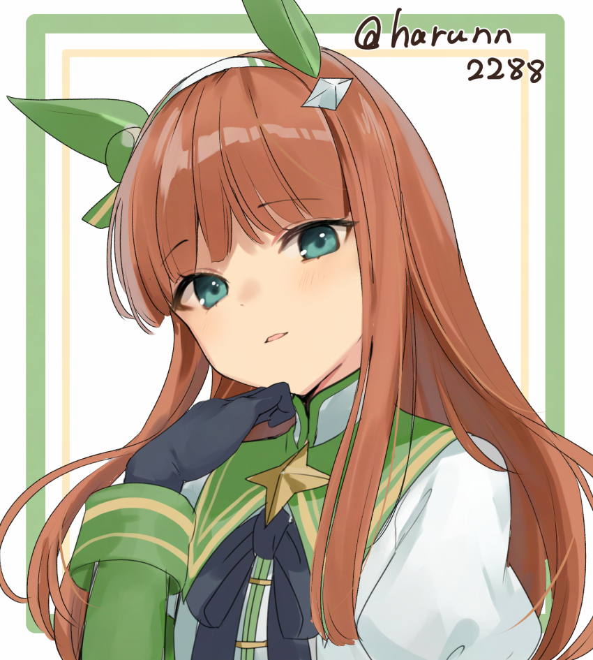 1girl animal_ears artist_name black_gloves black_ribbon blunt_bangs commentary_request gloves hand_up haru_(nakajou-28) highres horse_ears horse_girl long_hair looking_at_viewer neck_ribbon orange_hair portrait ribbon silence_suzuka_(umamusume) solo twitter_username umamusume watermark