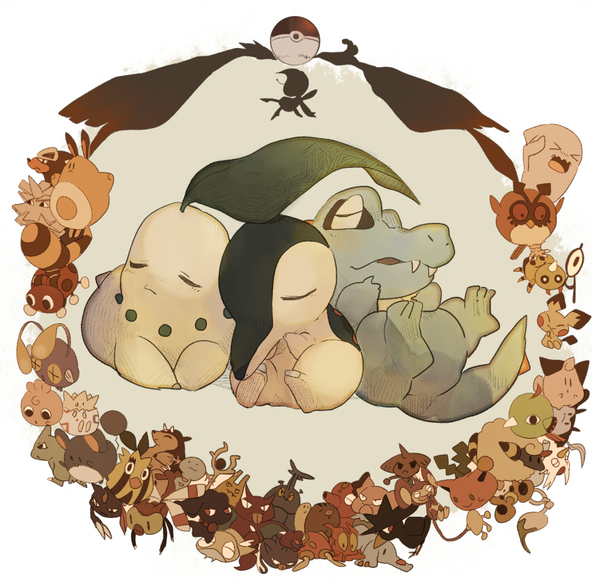 1990s_(style) aipom bad_id bad_pixiv_id celebi chikorita chinchou cleffa cyndaquil delibird dunsparce elekid gen_2_pokemon gligar heracross highres hitmontop ho-oh hoothoot hoppip houndour igglybuff larvitar ledyba legendary_pokemon lugia magby mantine mareep marill miltank misdreavus mode-pesu murkrow mythical_pokemon natu nintendo no_humans octillery phanpy pichu pineco poke_ball pokemon pokemon_(creature) pokemon_gsc qwilfish retro_artstyle sentret shuckle silhouette sleeping slugma smeargle sneasel snubbull spinarak stantler stantler_(cameo) starter_pokemon_trio sunkern swinub teddiursa togepi totodile unown unown_a wobbuffet wooper yanma