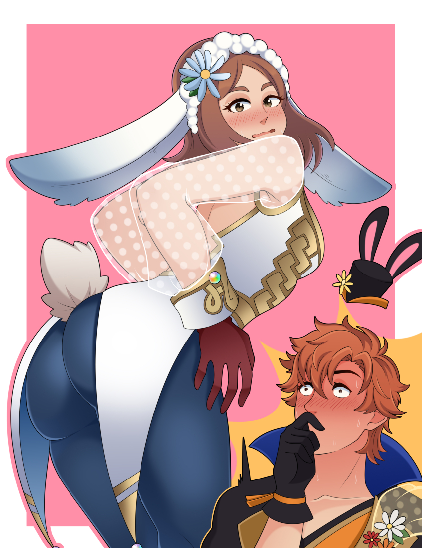 absurdres animal_ears ass blush deebyfeeby embarrassed fake_animal_ears fire_emblem highres female_kiran_(fire_emblem) kiran_(fire_emblem) nintendo rabbit_ears summoner_(fire_emblem_heroes) sylvain_jose_gautier sylvain_jose_gautier_(spring) tagme