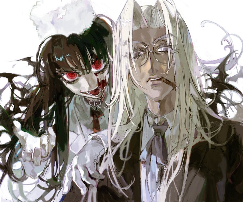 2girls 2ya0213 alucard_(hellsing) black_hair blonde_hair blood blood_on_face formal_clothes genderswap genderswap_(mtf) girlycard hellsing highres integra_hellsing long_hair looking_at_viewer multiple_girls red_eyes suit very_long_hair weapon white_suit