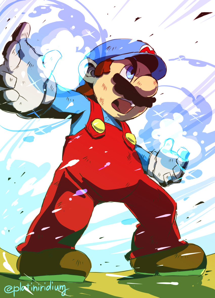 1boy blue_eyes brown_hair facial_hair full_body gloves hat highres ice ice_mario mario mario_(series) mustache new_super_mario_bros._wii nintendo open_mouth platiniridium power-up snow standing