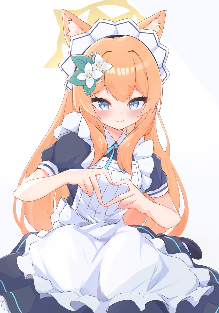 1girl absurdres alternate_costume animal_ear_fluff animal_ears apron black_dress blue_archive blue_eyes blush cat_ears closed_mouth dress enmaided flower frilled_apron frills hair_between_eyes hair_flower hair_ornament halo heart heart_hands highres karupa_(karupapon) long_hair looking_at_viewer maid maid_apron maid_headdress mari_(blue_archive) orange_hair puffy_short_sleeves puffy_sleeves short_sleeves simple_background smile solo white_apron white_background white_flower yellow_halo