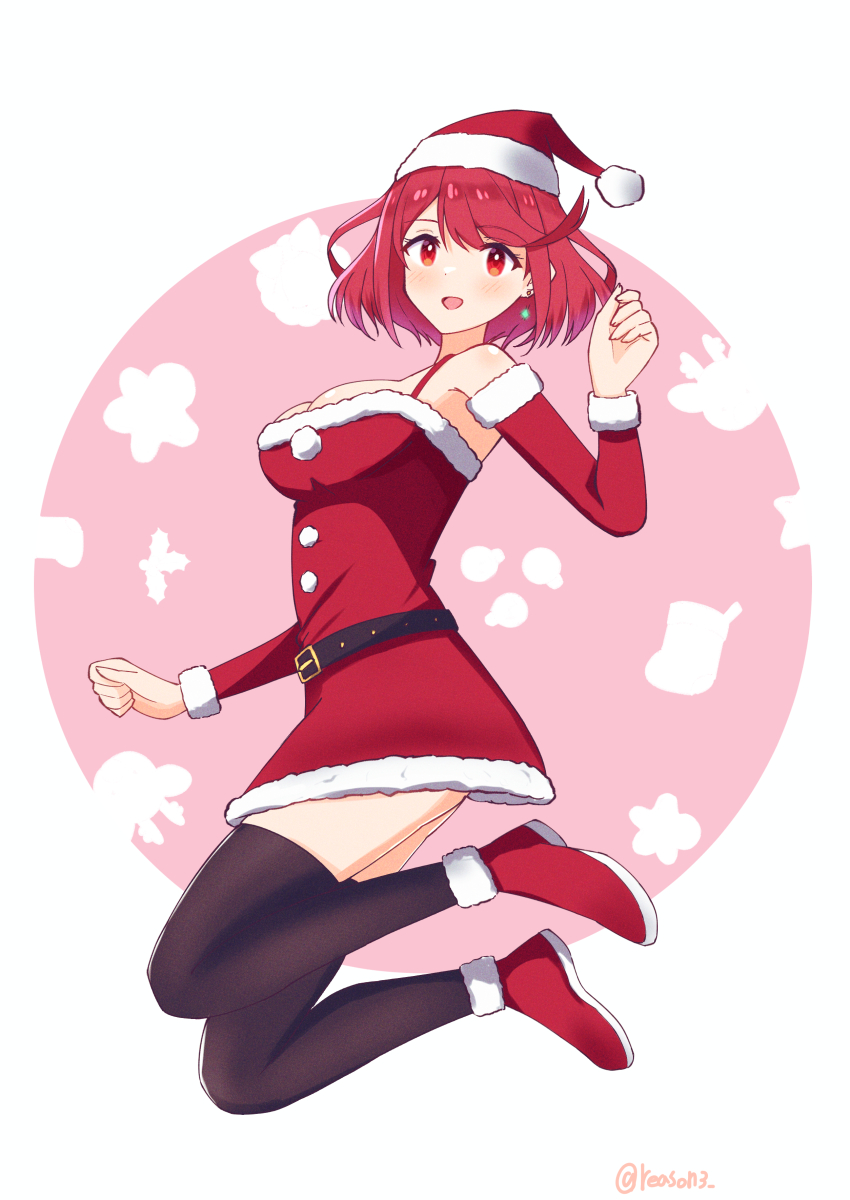 1girl :d absurdres alternate_costume belt breasts dress earrings full_body hat highres jewelry large_breasts looking_at_viewer mixed-language_commentary open_mouth pyra_(xenoblade) reason3_s red_eyes red_hair santa_costume santa_dress santa_hat short_hair smile solo swept_bangs thighhighs xenoblade_chronicles_(series) xenoblade_chronicles_2