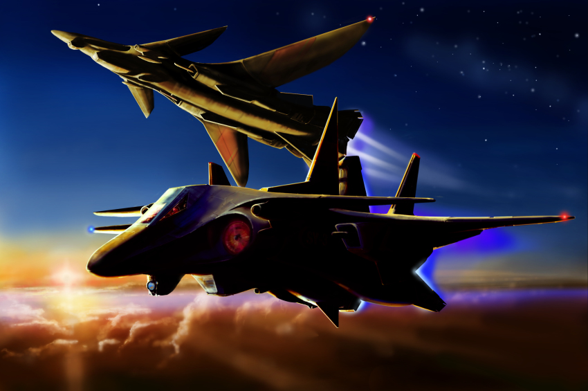 absurdres aircraft airplane cloud day destroy_all_monsters dual_persona fire flying freezer_missile godzilla_(series) highres military military_aircraft military_vehicle missile missile_launcher missile_pod moonlight_sy-3 night sibu sky space spacecraft spaceplane spaceship star_(sky) sun toho transformation turban weapon wings