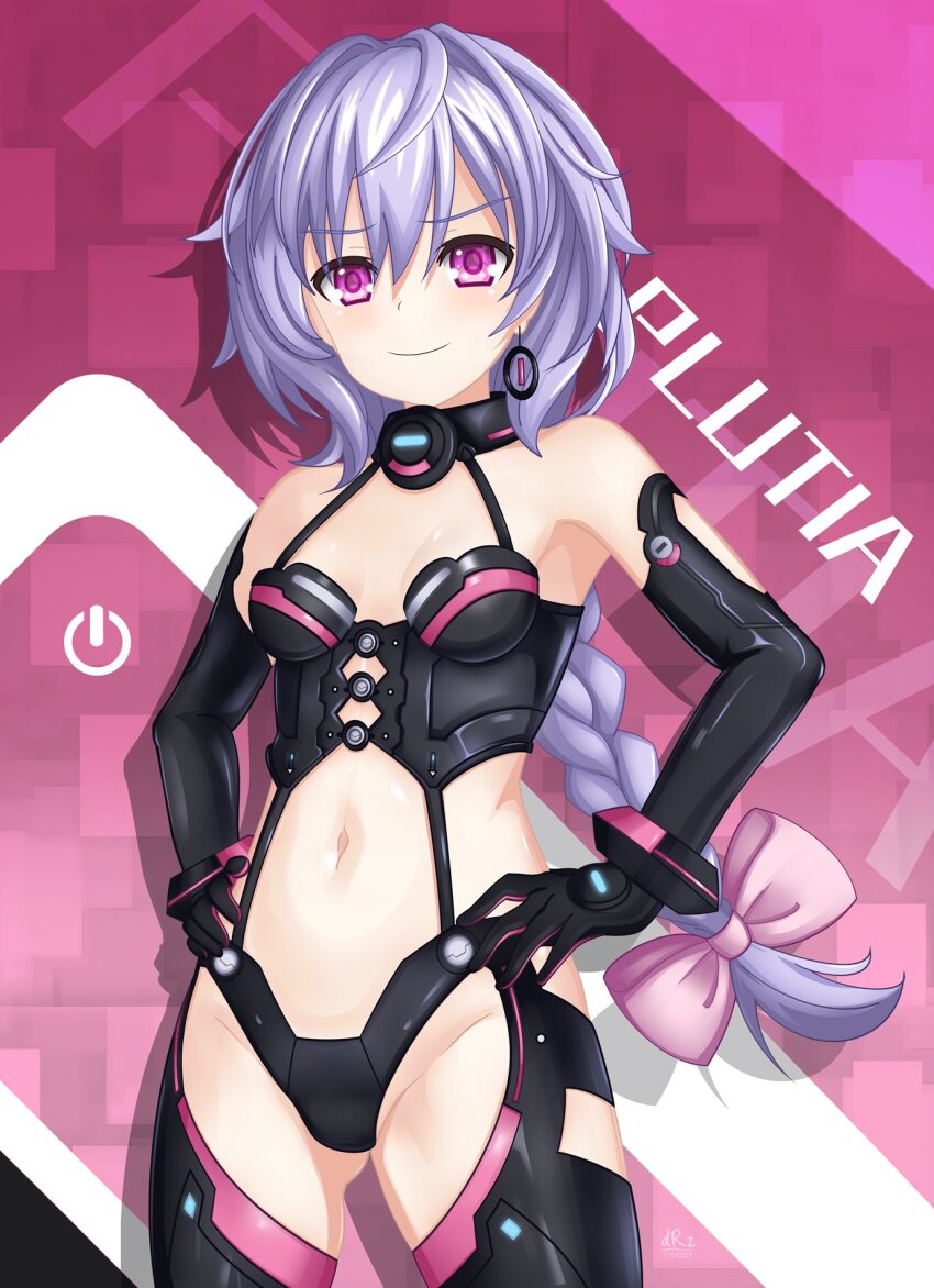 1girl bare_shoulders black_gloves black_thighhighs braid breasts character_name cleavage cosplay dhiparizky dominatrix earrings elbow_gloves gloves hair_between_eyes highres iris_heart iris_heart_(cosplay) jewelry kami_jigen_game_neptune_v long_hair looking_at_viewer navel neptune_(series) purple_eyes purple_hair pururut single_braid small_breasts smile solo thighhighs