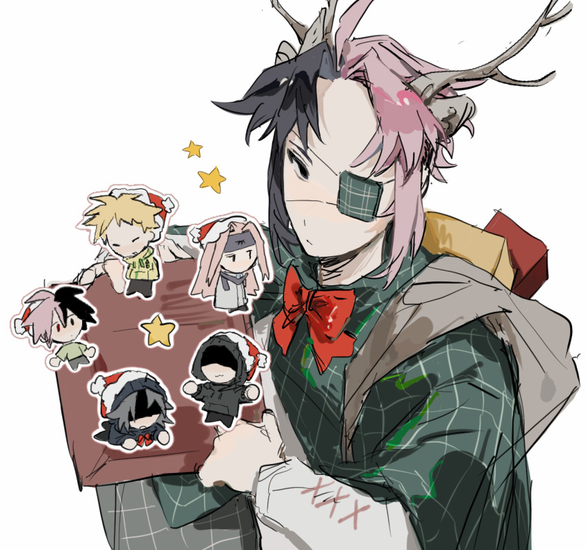 1girl 5boys :3 alternate_costume animal_ears antlers black_eyes black_hair black_jacket black_pants blonde_hair bow bowtie capelet chibi chinese_commentary closed_eyes closed_mouth coat commentary_request curtained_hair deer_ears enein_rundall expressionless eyepatch fukurou_(saibou_shinkyoku) fur-trimmed_headwear fur_trim green_capelet green_shirt grey_hair grey_headband grey_pants grey_scarf hands_in_pockets haruno_shion hat headband heterochromia highres hood hood_up hooded_jacket horns jacket karasu_(saibou_shinkyoku) kemonomimi_mode lei_renqun_xing_shanyao_shi long_sleeves male_focus multicolored_hair multiple_boys mutsushika_misumi nanami_izu open_mouth pants parted_bangs pink_hair plaid_capelet plaid_clothes red_bow red_bowtie red_eyes red_hat reindeer_antlers saibou_shinkyoku santa_hat scarf shaded_face shirt short_hair short_sleeves smile split-color_hair two-tone_hair white_coat white_shirt yellow_jacket