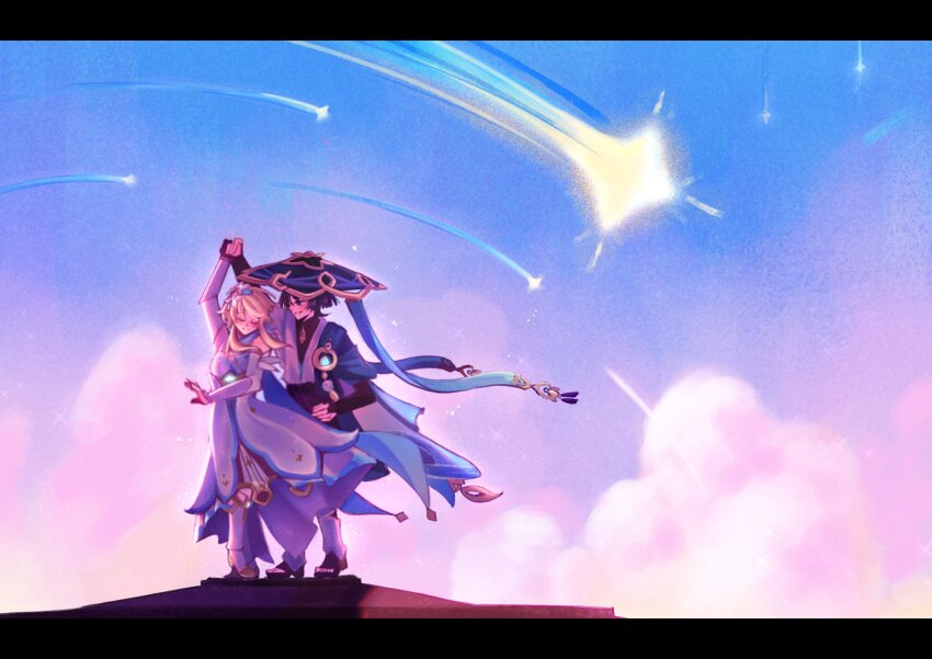 1boy 1girl alphastroo aqua_gemstone arm_up armor black_bodysuit black_bow black_bridal_gauntlets black_eyes black_gloves black_hair black_leggings black_sandals black_shorts blonde_hair blue_cape blue_feathers blue_flower blue_hat blue_kimono blue_sky blue_trim blunt_ends blush bodysuit bow bridal_gauntlets bright_pupils cape closed_eyes cloud cloudy_sky dancing detached_sleeves dress eyelashes feather_hair_ornament feathers flower full_body furisode gem genshin_impact gloves glowing_gem gold gold_shoes hair_flower hair_ornament hat high_heels highres holding_hands japanese_armor japanese_clothes jingasa juban kimono kote kurokote leg_warmers leggings looking_at_another low_block_heels lumine_(genshin_impact) multicolored_flower multicolored_sky open_clothes open_hand open_kimono open_mouth outdoors partially_fingerless_gloves pom_pom_(clothes) purple_sky sandals scaramouche_(genshin_impact) scarf shoes shooting_star short_hair short_hair_with_long_locks shorts sidelocks sky smile standing toes vambraces vision_(genshin_impact) wanderer_(genshin_impact) white_dress white_flower white_kimono white_leg_warmers white_mouth white_pupils white_scarf white_sleeves yellow_feathers zouri