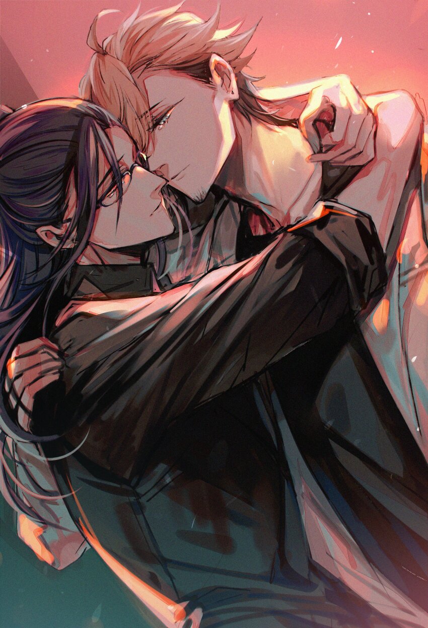 2boys absurdres ahoge aladdin_(sinoalice) beard black-framed_eyewear black_hair black_shirt blonde_hair closed_mouth collared_shirt commission couple coxxco12 face-to-face facial_hair glasses hameln_(sinoalice) highres hug jacket looking_at_another male_focus medium_hair multicolored_hair multiple_boys ponytail reality_arc_(sinoalice) red_eyes second-party_source shirt sidelocks sinoalice skeb_commission sky sleeves_rolled_up smile sunset teacher two-tone_hair vest white_jacket white_petals yaoi