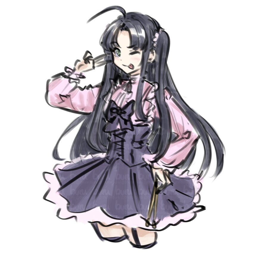 1girl ahoge awa_subaru black_hair black_skirt commentary_request dated_commentary drumsticks garter_straps girls_band_cry green_eyes highres holding holding_drumsticks jirai_kei long_hair long_sleeves one_eye_closed pink_shirt shirt sidelocks simple_background skirt solo tomare_(akashingou) tongue tongue_out two_side_up v white_background