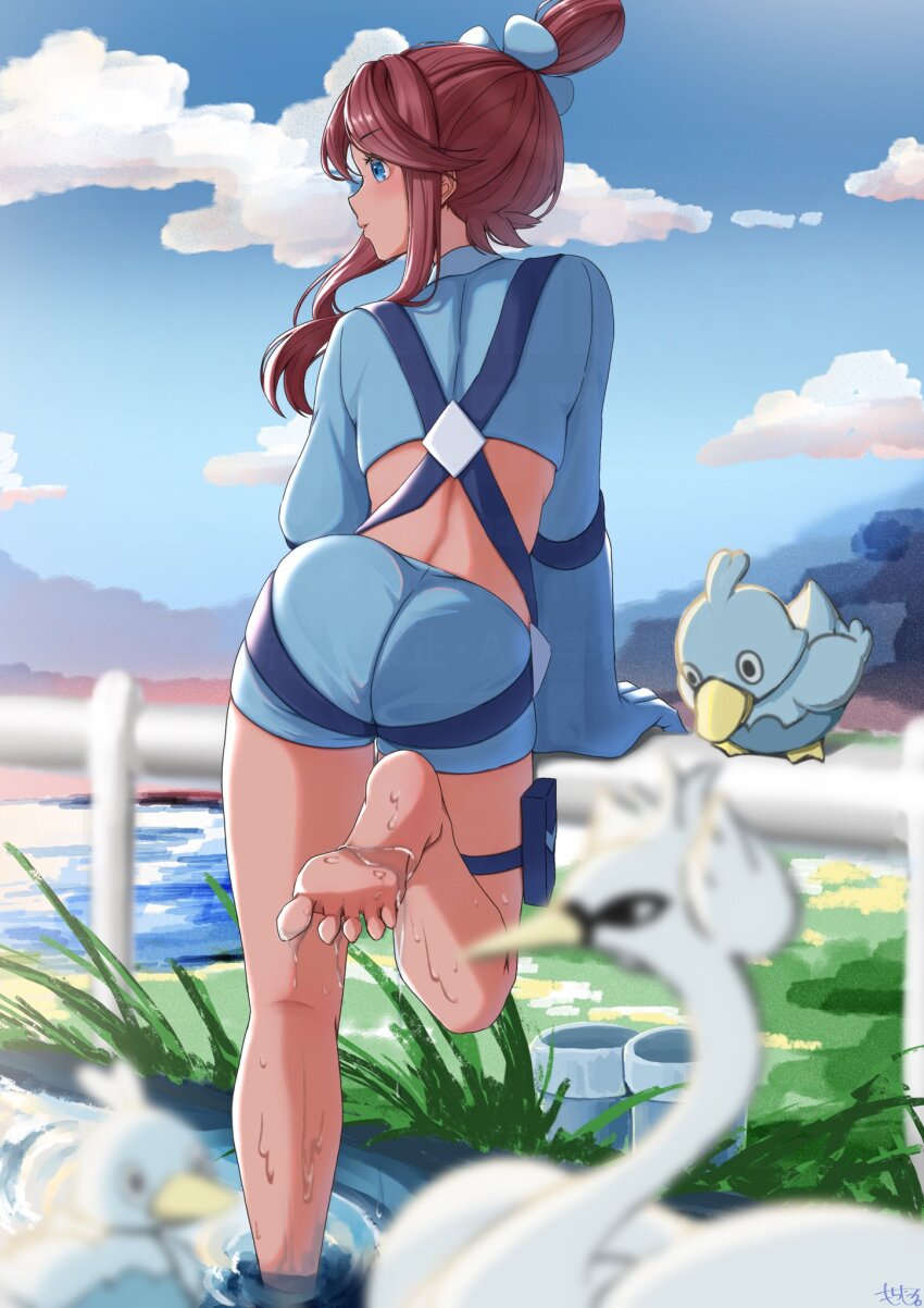1girl ass barefoot blue_eyes blue_gloves blue_jacket blue_shorts blush breasts crop_top cropped_jacket ducklett fence gen_5_pokemon gloves hair_ornament highres jacket large_breasts long_hair midriff mochitaro_(mothitaroo) nintendo one_side_up outdoors pokemon pokemon_(creature) pokemon_bw pouch red_hair short_hair_with_long_locks short_shorts shorts sidelocks skyla_(pokemon) smile swanna thigh_pouch water water_drop wet
