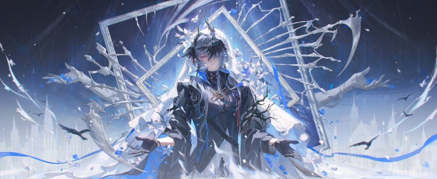 1boy :| antlers arknights black_gloves black_jacket black_shirt black_wings building closed_mouth earrings flower flower_request gloves head_wings highres horns jacket jewelry logos_(arknights) long_sleeves shirt short_hair smusmuye solo upper_body veil white_flower white_veil wings