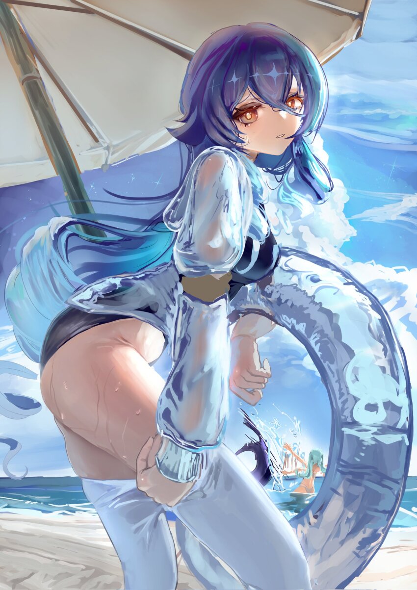 1girl backless_dress backless_outfit bad_link blue_hair dress genshin_impact highres layla_(genshin_impact) leaning_forward long_hair long_sleeves looking_at_viewer open_mouth shirt sleeves_past_wrists solo standing uwaaatsutsuaa