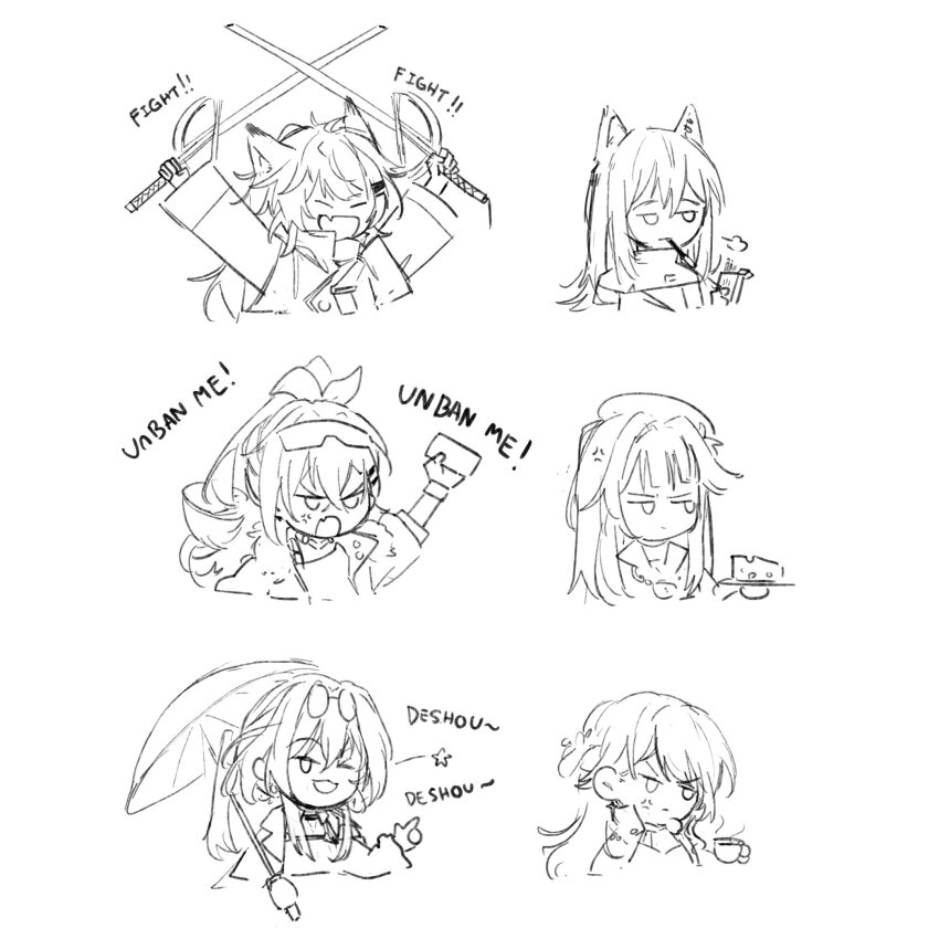 anger_vein arknights arms_up cheese chewinggum_p chibi eyewear_on_head food herta_(honkai:_star_rail) highres himeko_(honkai:_star_rail) holding holding_sword holding_umbrella holding_weapon honkai:_star_rail honkai_(series) kafka_(honkai:_star_rail) lappland_(arknights) lineart one_eye_closed silver_wolf_(honkai:_star_rail) sword texas_(arknights) umbrella weapon white_background