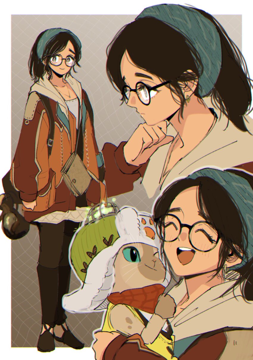1girl alma_(monster_hunter_wilds) bandana black-framed_eyewear black_eyes black_hair book commentary_request earrings felyne glasses green_bandana hand_on_own_chin hat highres jewelry medium_hair mogutory mogutory_(mehj4447) monster_hunter_(series) monster_hunter_wilds multicolored_clothes necklace pants shoes smile teeth upper_teeth_only