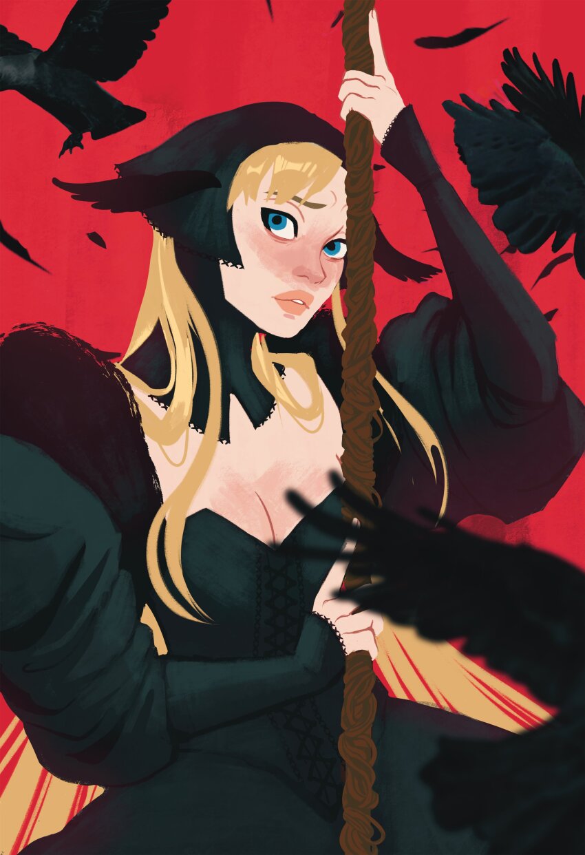 1girl absurdres ambrosia_(dungeon_meshi) bird black_dress black_headscarf black_hood blue_eyes breasts cleavage crow detached_hood dress dungeon_meshi ear_covers elf headscarf highres holding holding_staff lace-trimmed_headwear lace-trimmed_hood lace_trim looking_at_viewer marcille_donato marcille_donato_(lord) murdergirly pointy_ears solo staff wimple