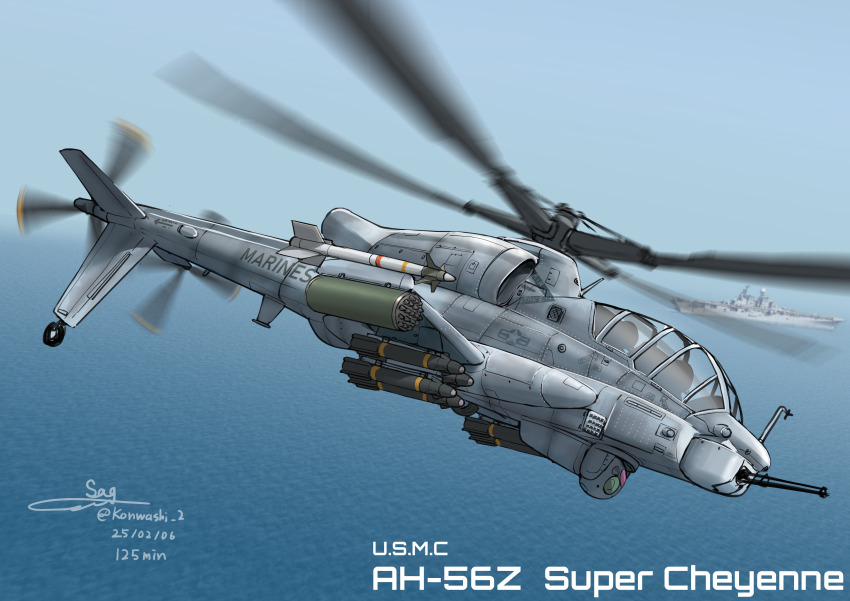 absurdres agm-114_hellfire ah-56_cheyenne aim-9_sidewinder aircraft blue_sky commentary_request dated english_text flying gatling_gun helicopter highres military_vehicle minigun mixed-language_commentary motion_blur no_humans ocean original rocket_pods ship signature sky teisei_misagi twitter_username united_states_marine_corps warship water watercraft