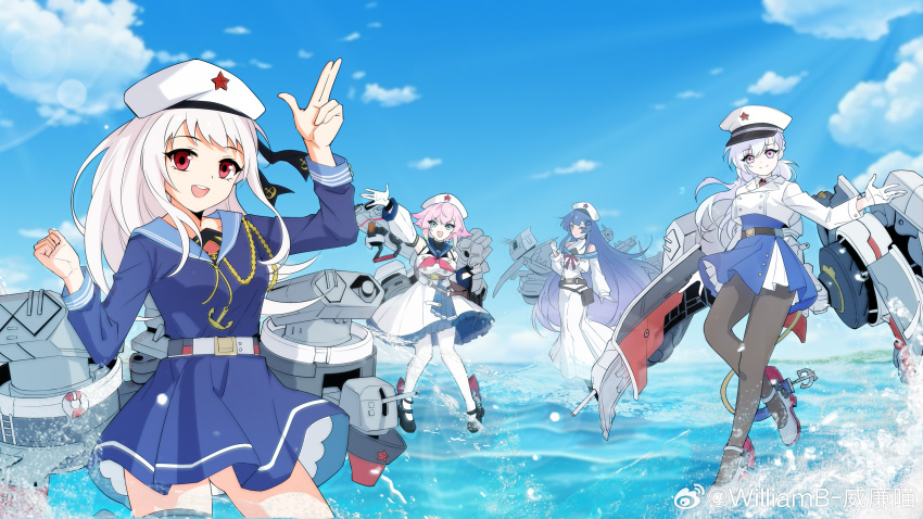 4girls absurdres anshan_(warship_girls_r) blue_hair breasts changchun_(warship_girls_r) cloud day dress gloves hat highres jinan_(warship_girls_r) long_hair long_sleeves looking_at_viewer low_ponytail machinery multiple_girls ocean open_mouth outdoors pantyhose pink_hair ponytail purple_hair red_eyes rigging short_hair skirt sky thighhighs very_long_hair warship_girls_r water watermark weibo_watermark white_hair williamb yingtan_(warship_girls_r)
