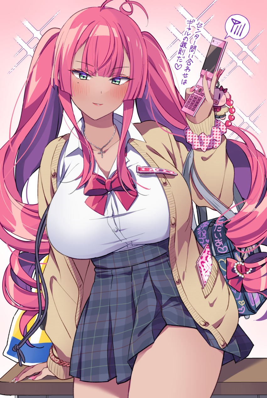 1girl bag bag_charm breasts cellphone cellphone_charm charm_(object) flip_phone gyaru highres holding holding_phone jewelry large_breasts original phone pink_hair pink_ribbon pleated_skirt ribbon riku_(melty_drop) school_bag school_uniform shirt skirt sweater twintails white_shirt