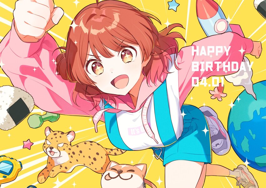 +_+ 1girl arm_up blue_shorts breasts brown_eyes brown_hair cheetah clenched_hands commentary_request earth_(planet) food gakuen_idolmaster hair_rings hanami_ume happy_birthday hechima_(issindotai) highres hood hood_down hoodie idolmaster large_breasts long_sleeves multicolored_hoodie onigiri open_mouth pink_hoodie planet puffy_long_sleeves puffy_sleeves rocket shoes short_hair short_shorts shorts simple_background single_hair_ring smile star_(symbol) suspender_shorts suspenders v-shaped_eyebrows yellow_background