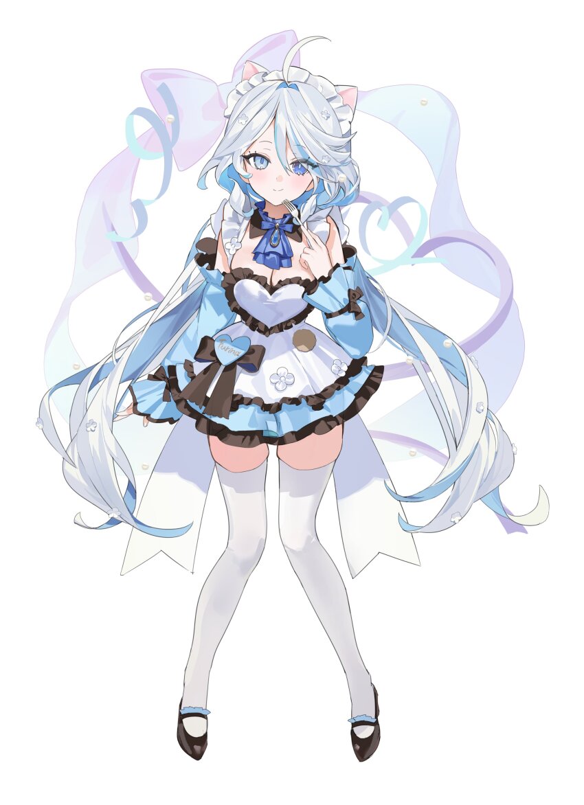 1girl absurdres ahoge alternate_costume animal_ears ascot black_bow black_shoes blue_ascot blue_dress blue_eyes blue_gemstone blue_hair blue_pupils blue_sleeves blush bow breasts cat_ears character_name cleavage detached_sleeves dot_nose dress drop-shaped_pupils enmaided fork frilled_hairband frills furina_(genshin_impact) gem genshin_impact hair_between_eyes hairband hand_up hashtag-only_commentary heart heterochromia high_heels highres holding holding_fork kemonomimi_mode layered_dress long_hair long_sleeves looking_at_viewer maid maid_headdress medium_breasts multicolored_hair rinple shoes simple_background skindentation sleeveless sleeveless_dress smile solo streaked_hair symbol-shaped_pupils thighhighs very_long_hair white_background white_dress white_hair white_hairband white_thighhighs zettai_ryouiki