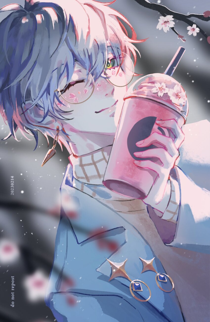 1boy blue_hair blue_jacket blurry blurry_background blurry_foreground cherry_blossoms closed_mouth cup disposable_cup drinking_straw dutch_angle earrings einariya glasses green_eyes hair_between_eyes hand_up heart_sticker highres ike_eveland jacket jewelry long_sleeves looking_at_viewer male_focus nijisanji nijisanji_en one_eye_closed round_eyewear smile solo sticker_on_face sweater_vest upper_body virtual_youtuber