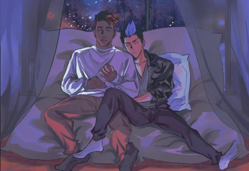 2boys :/ black_hair black_pants black_socks blue_hair brown_hair brown_pants closed_mouth collarbone commentary curtains dark-skinned_male dark_skin dreadlocks grey_shirt hand_on_own_stomach hashtag-only_commentary head_on_another&#039;s_shoulder highres holding_hands interlocked_fingers interracial jacket lapels leather leather_jacket long_sleeves male_focus multicolored_hair multiple_boys notched_lapels open_clothes open_jacket pants phoenix_(valorant) pillow ro42690 shirt short_hair side-by-side sitting sleeping socks streaked_hair v-neck valorant white_shirt white_socks window yaoi yoru_(valorant)