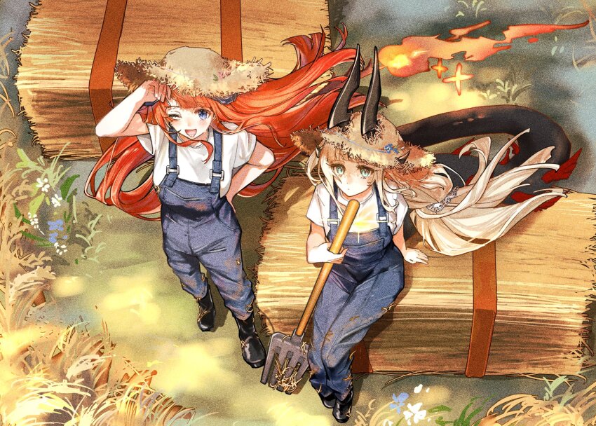 2girls ;d ankle_boots arknights arm_up bagpipe_(arknights) bagpipe_(arknights)_(cosplay) bagpipe_(echo_of_bagpipes)_(arknights) black_boots black_horns blonde_hair blush boots brown_hat commentary commission cosplay day expressionless film_grain fire from_above full_body green_eyes hat hay highres holding holding_pitchfork horns horns_through_headwear joul_0704 long_hair looking_at_viewer multiple_girls official_alternate_costume one_eye_closed open_mouth orange_hair outdoors overalls pitchfork plant purple_eyes purple_overalls reed_(arknights) shirt short_sleeves sitting smile standing straw_hat t-shirt wheat wheat_bundle white_shirt wind