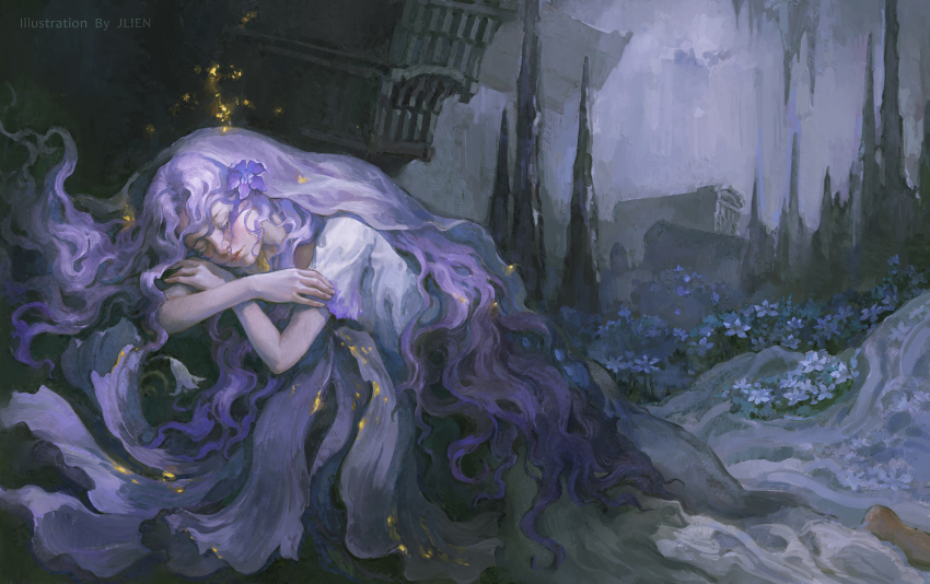 1girl artist_name barefoot cave cave_interior closed_eyes colored_eyelashes commentary elden_ring elden_ring:_shadow_of_the_erdtree flower highres jlien- lily_(flower) purple_flower purple_hair purple_liquid short_sleeves sleeping solo st._trina_(elden_ring) stalactite stalagmite tunic wavy_hair white_tunic