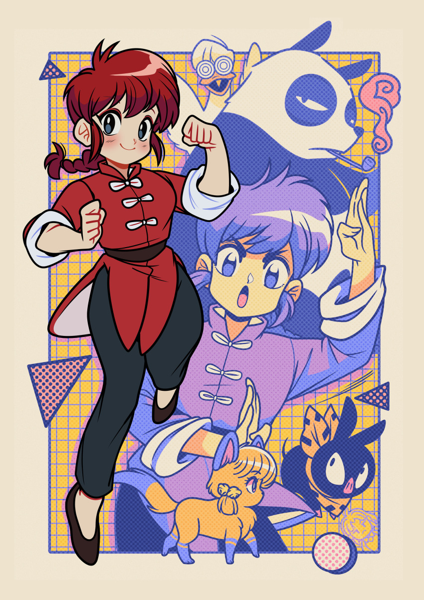 2girls absurdres bird black_footwear cat clenched_hand duck highres kristen_bailey mousse_(ranma_1/2) multiple_girls multiple_views p-chan panda piglet ranma-chan ranma_1/2 red_hair saotome_genma_(panda) saotome_ranma shampoo_(ranma_1/2) sidelocks smile smoking tendou_akane
