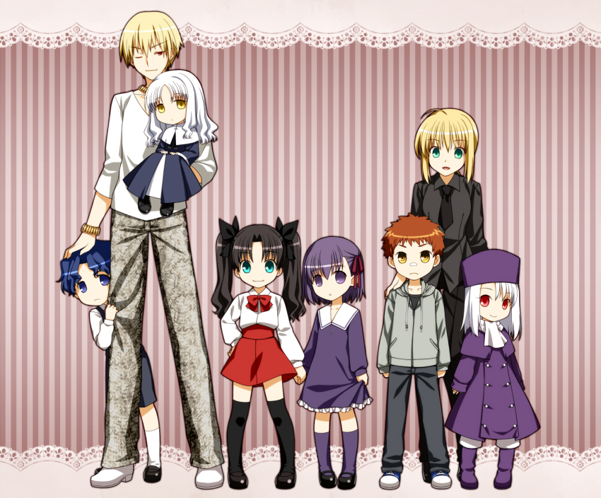3boys 5girls aged_down ahoge artoria_pendragon_(fate) bandaid blue_eyes blue_hair boots brother_and_sister caren_hortensia carrying casual child dress emiya_shirou fate/hollow_ataraxia fate/stay_night fate/zero fate_(series) formal_clothes gilgamesh_(fate) green_eyes hair_ribbon hand_on_head hat holding_hands hood hoodie illyasviel_von_einzbern jewelry long_hair mary_janes matou_sakura matou_sakura_(fate/zero) matou_shinji mayo-black multiple_boys multiple_girls necktie official_alternate_costume one_eye_closed orange_hair pant_suit pants plaster ponytail purple_eyes purple_footwear purple_hair purple_hat red_eyes ribbon saber_(fate) shoes short_hair shorts siblings sisters smile socks suit thighhighs tohsaka_rin tohsaka_rin_(fate/zero) twintails wavy_hair white_hair wink winter_clothes yellow_eyes
