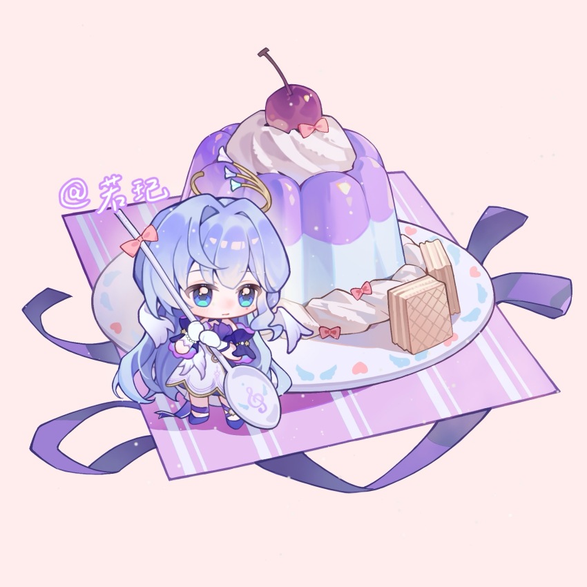 1girl blue_hair cherry chibi chibi_only chinese_commentary commentary_request dress food fruit gloves halo head_wings highres holding holding_spoon honkai:_star_rail honkai_(series) jewel_under_eye light_blue_hair pink_background pudding robin_(honkai:_star_rail) ruo_qi solo spoon standing wafer whipped_cream white_dress white_gloves wings