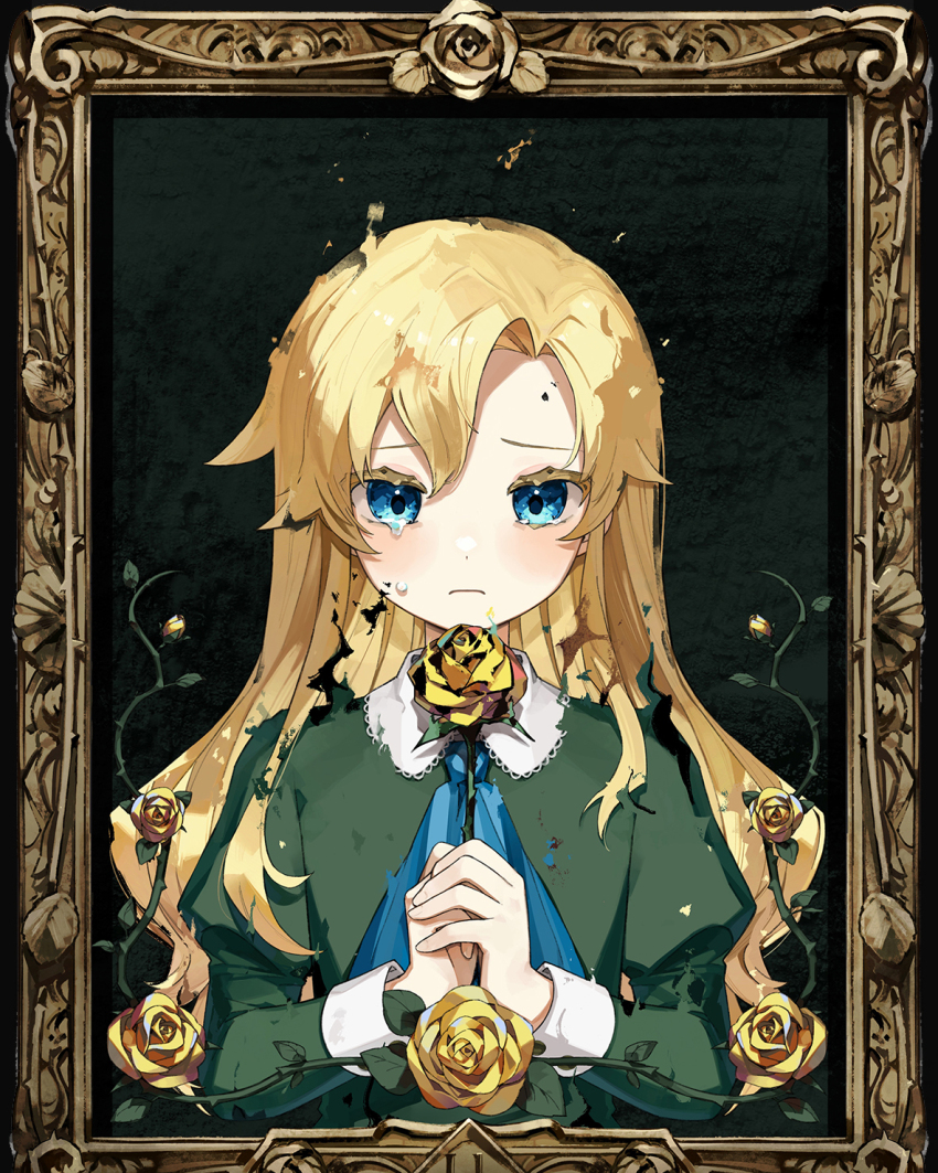 1girl blonde_hair blue_eyes collared_dress colored_eyelashes crying crying_with_eyes_open dress flower green_dress highres ib_(kouri) juliet_sleeves long_hair long_sleeves mary_(ib) moonie painting_(object) puffy_sleeves rose sad sleeve_cuffs solo tears yellow_flower yellow_rose