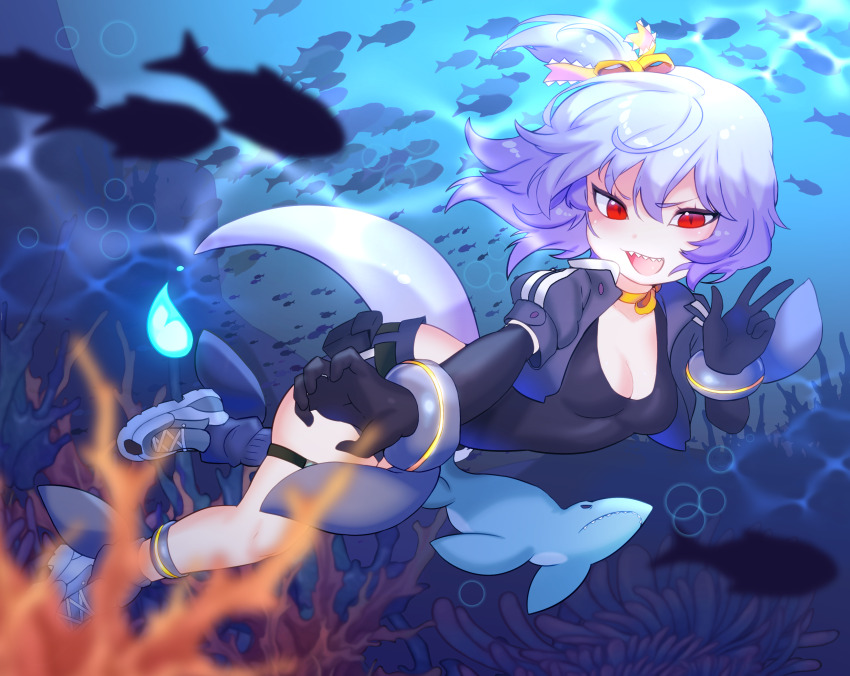 1girl black_gloves commission commissioner_upload fish gloves hair_ribbon highres jacket leotard looking_at_viewer mosasaurus original red_eyes ribbon salina_(teuthidan) sharp_teeth short-sleeved_jacket short_hair short_sleeves tail teeth twibli1 underwater v