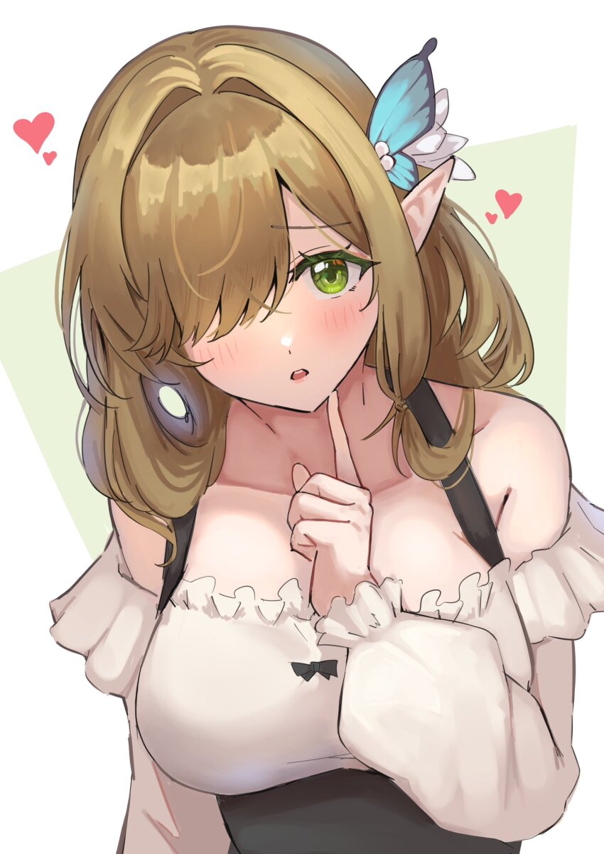 1girl azur_lane blush breasts brown_hair butterfly_hair_ornament collarbone colored_eyelashes de_zeven_provincien_(azur_lane) finger_to_own_chin frilled_shirt frilled_sleeves frills green_background green_eyes hair_ornament hair_over_one_eye heart highres large_breasts long_hair long_sleeves looking_at_viewer off-shoulder_shirt off_shoulder open_mouth pointy_ears shirt solo soul_(dp11) two-tone_background underbust upper_body white_background white_shirt