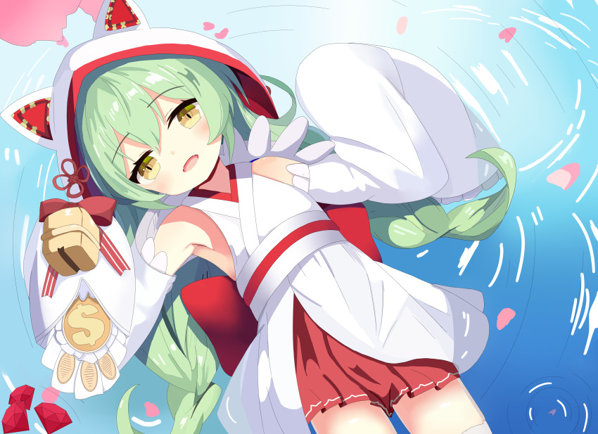 1girl absurdres akashi_(azur_lane) akashi_(white_cat&#039;s_repayment)_(azur_lane) animal_ears armpits azur_lane bare_shoulders cat_girl dress fake_animal_ears highres hood hood_up japanese_clothes kimono official_alternate_costume petals petals_on_liquid ripples wang_ze_ji_bu_er_hua wedding_dress white_kimono wide_sleeves