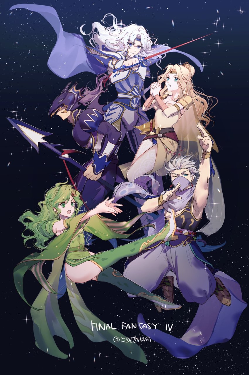 2girls 3boys armor blonde_hair cain_highwind cecil_harvey copyright_name dark_background edward_geraldine final_fantasy final_fantasy_iv green_hair grey_hair hanaon helmet high_heels highres looking_at_viewer mask mouth_mask multiple_boys multiple_girls own_hands_together polearm rosa_farrell rydia_(adult)_(ff4) rydia_(ff4) scarf shirt spear sword weapon white_shirt