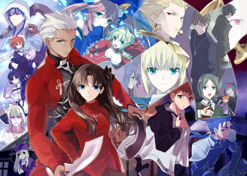 6+boys 6+girls ;) ahoge animal_ears archer_(fate) armor artoria_pendragon_(fate) bad_id bad_pixiv_id black_hair black_leotard black_pants black_ribbon black_shirt blonde_hair blue_hair bodysuit breasts brown_eyes brown_hair brown_hat character_request cleavage collarbone covering_own_mouth cross cross_necklace cu_chulainn_(caster)_(fate) cu_chulainn_(fate) cu_chulainn_(fate/stay_night) dual_wielding earrings emiya_kiritsugu emiya_shirou everyone fate/extra fate/grand_order fate/stay_night fate/zero fate_(series) fox_ears fujimaru_ritsuka_(female) fujimaru_ritsuka_(male) gilgamesh_(fate) gilles_de_rais_(caster)_(fate) gilles_de_rais_(fate) green_eyes gun hair_ribbon hand_on_own_hip hand_over_own_mouth hans_christian_andersen_(fate) hat holding holding_gun holding_shield holding_sword holding_weapon hood irisviel_von_einzbern jacket jewelry kotomine_kirei kotomine_kirei_(fate/zero) leaning_forward leotard long_hair looking_at_viewer mash_kyrielight mash_kyrielight_(demi-servant) medium_breasts multiple_boys multiple_girls necklace nero_claudius_(fate) nero_claudius_(fate/extra) one_eye_closed open_clothes open_jacket open_mouth orange_hair pants pink_hair ponytail purple_hat purple_jacket red_eyes red_shirt ribbon saber_(fate) shield shielder shirt short_hair_with_long_locks sidelocks silver_hair smile spiked_hair sunglasses sword tamamo_no_mae_(fate) tohsaka_rin twintails unlimited_blade_works_(reality_marble) uryuu_ryuunosuke weapon white_shirt yellow_eyes yukowa_(kari)